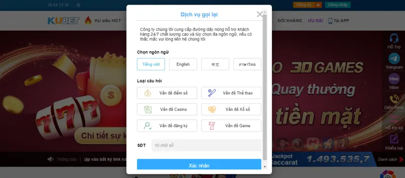 Người chơi lựa chọn ngôn ngữ kết nối với CSKH kubet